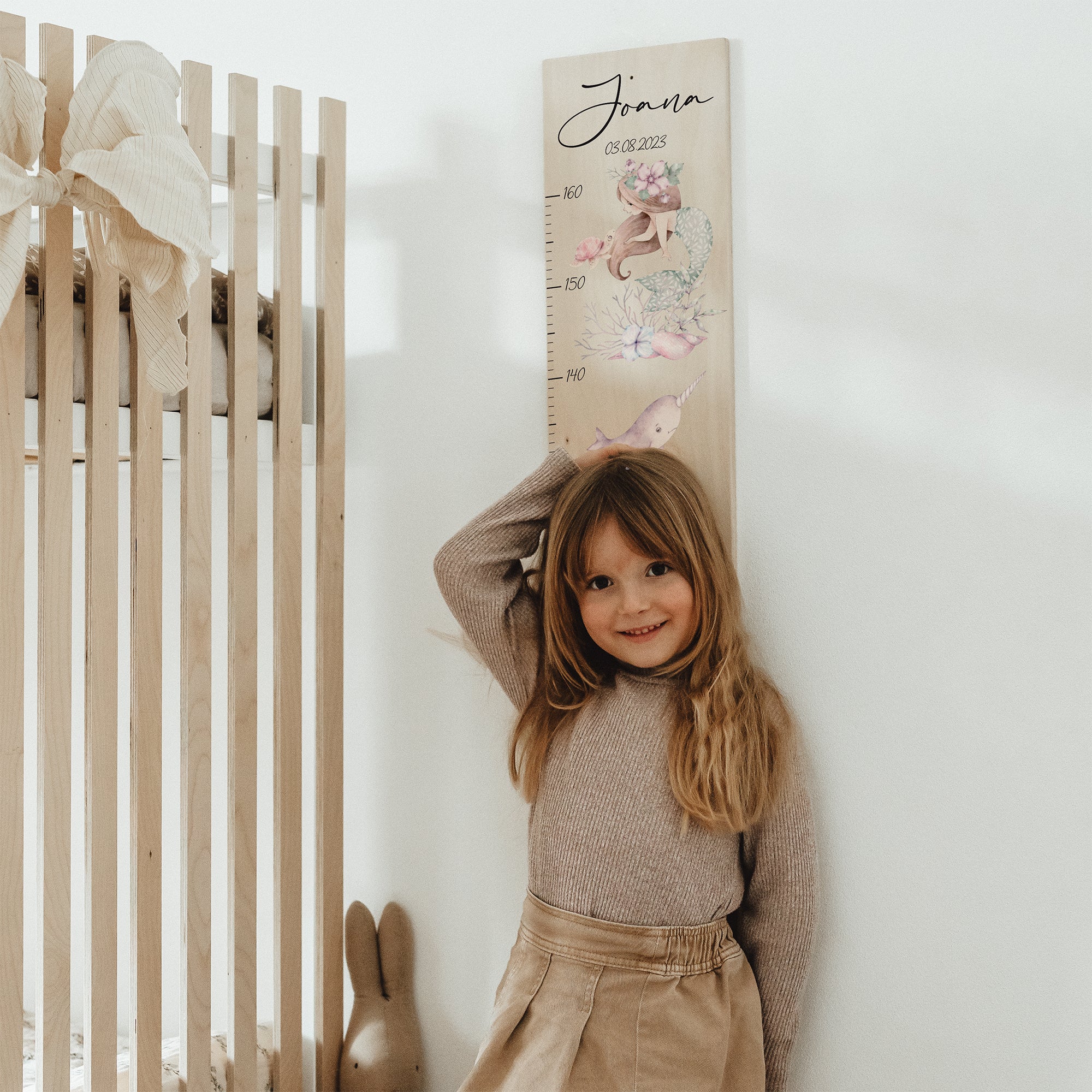 Kindermesslatte Holz "Mermaid & Friends" – personalisiert mit Namen
