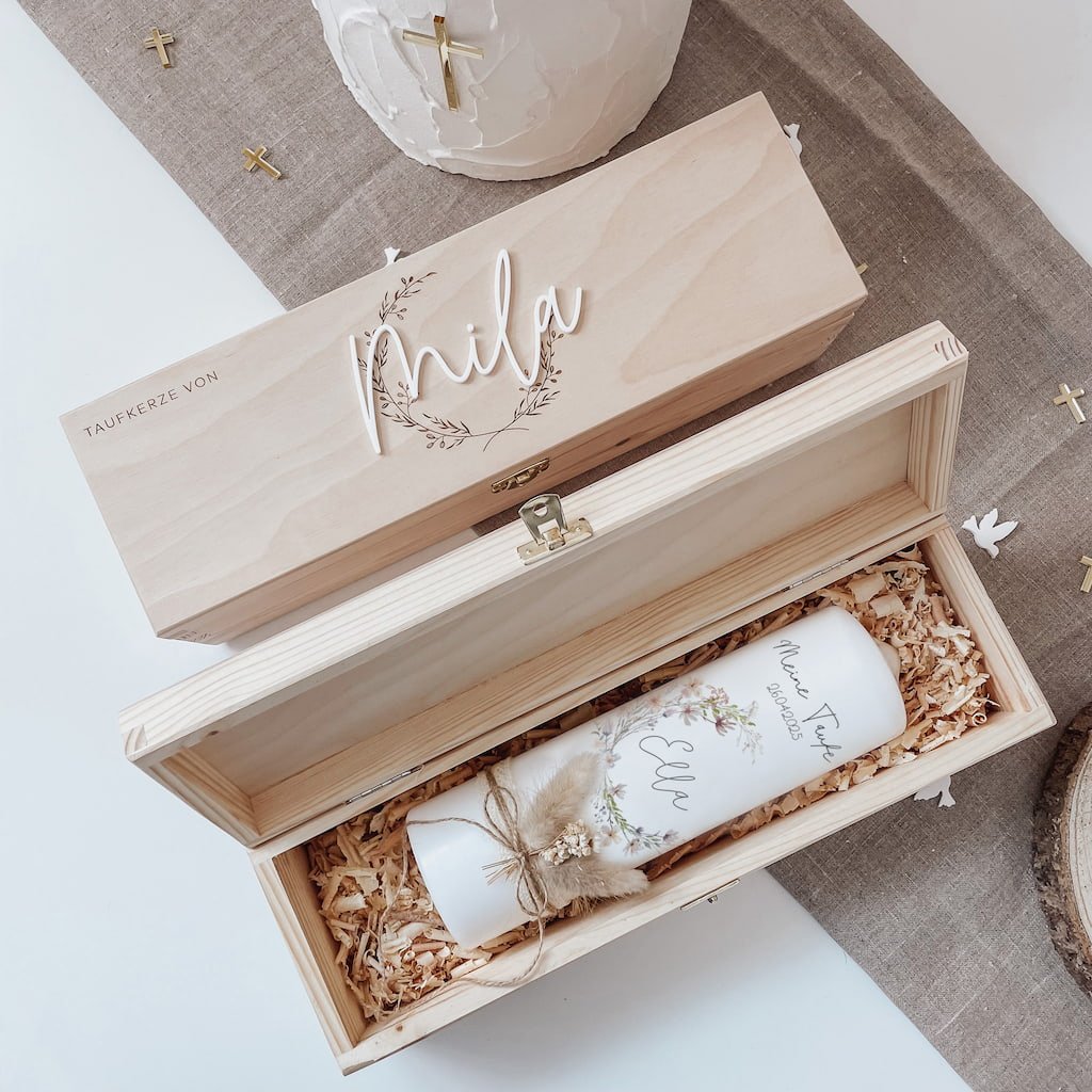 Minimalistische Taufkerzenbox mit 3D - Namensschrift - klassisch & edel - lyllevenn