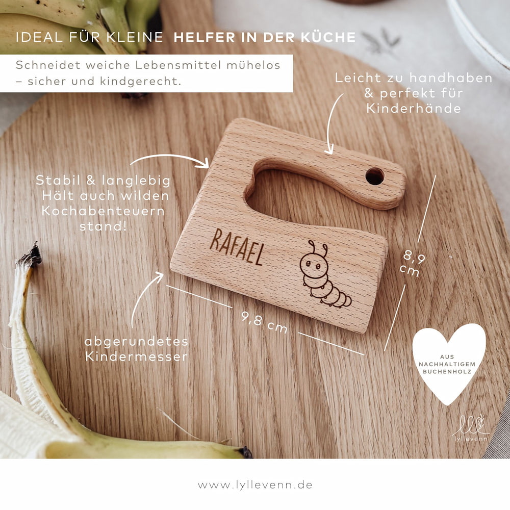 Montessori sicheres Kindermesser Holz „Kleine Gefährten“ – personalisiert