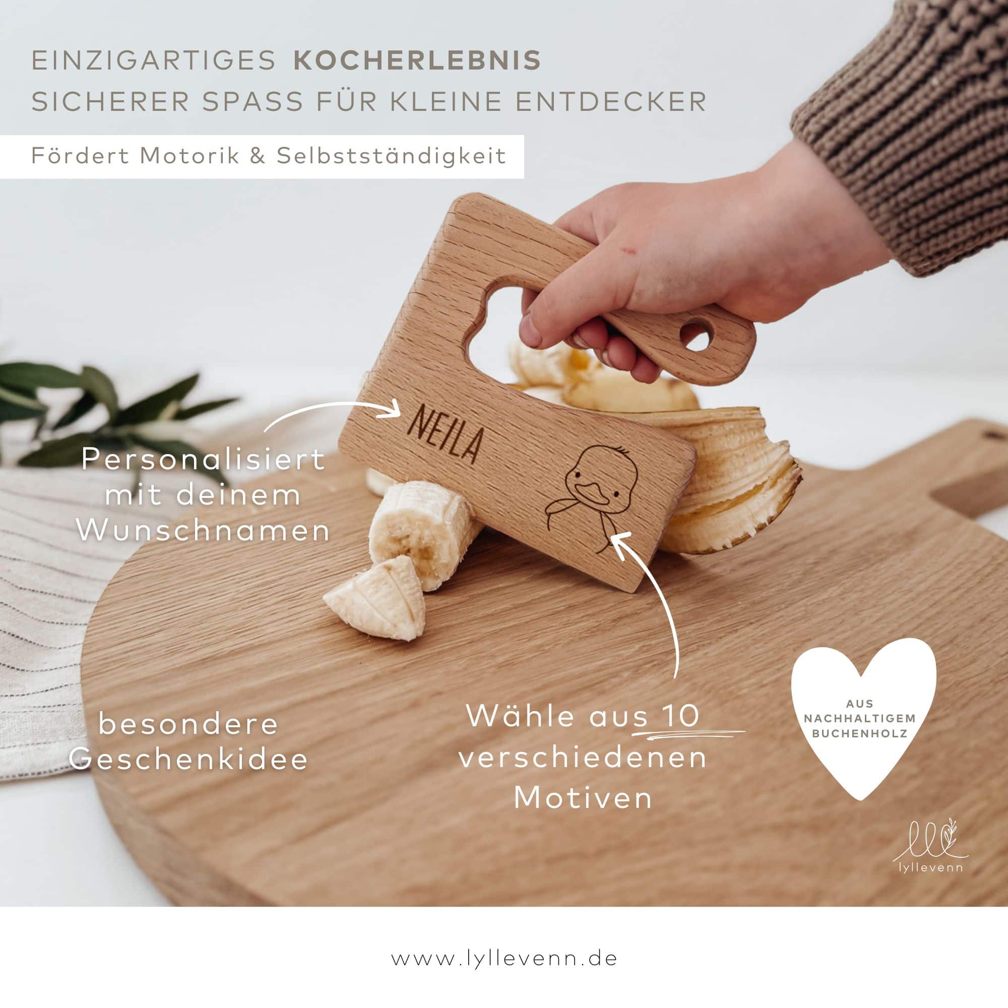 Montessori sicheres Kindermesser Holz „Kleine Gefährten“ – personalisiert