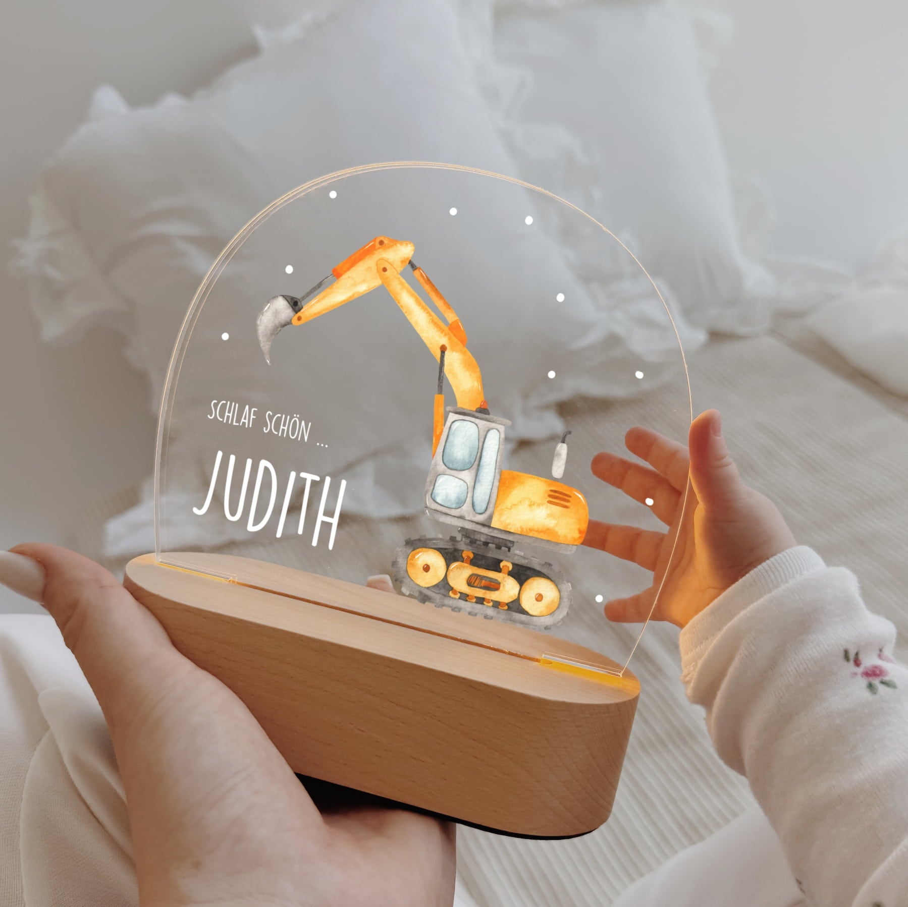 Nachtlicht Kinder personalisiert – LED Lampe bedruckt Bagger & Baustele - lyllevenn