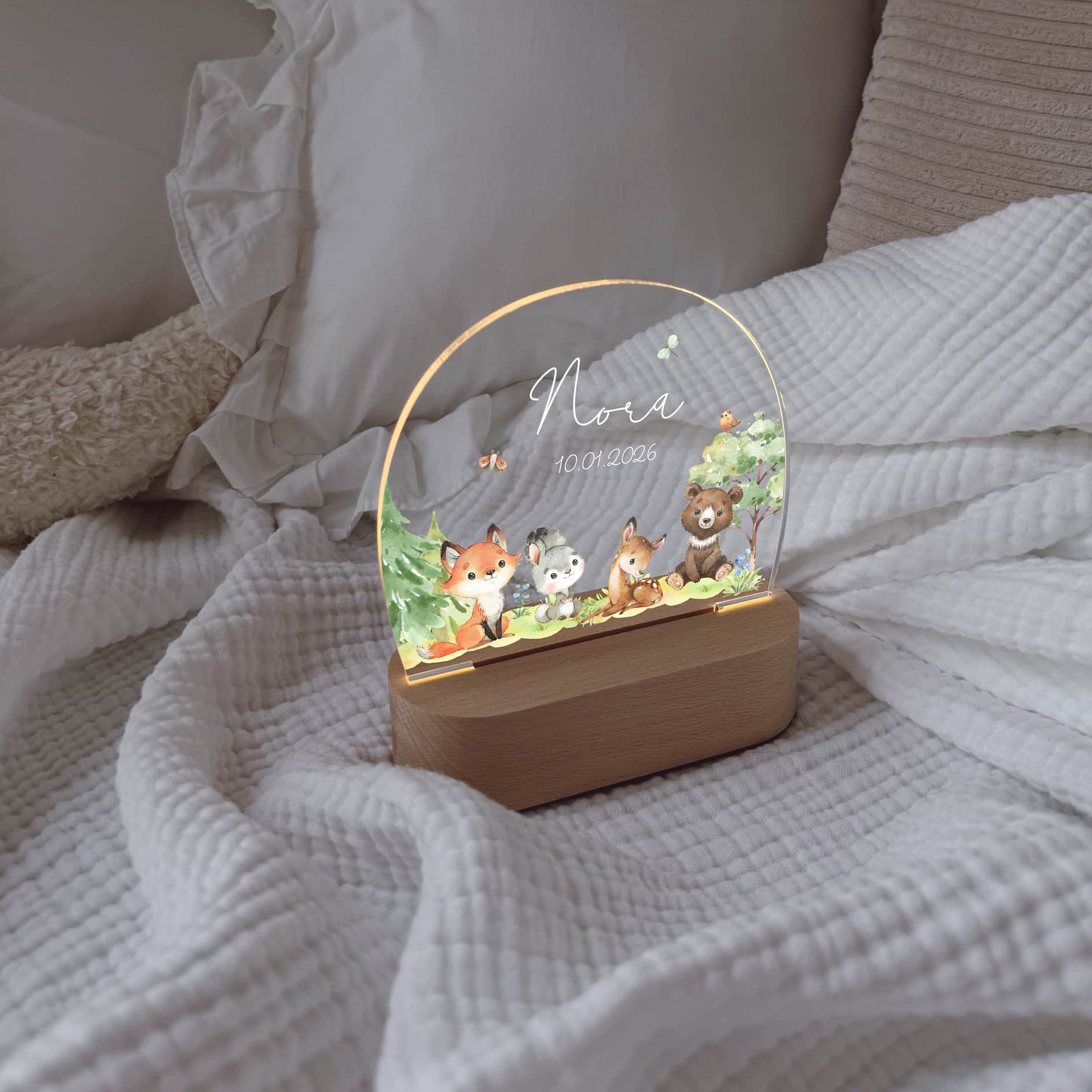 Nachtlicht Kinder personalisiert – LED Lampe bedruckt Waldtiere - lyllevenn