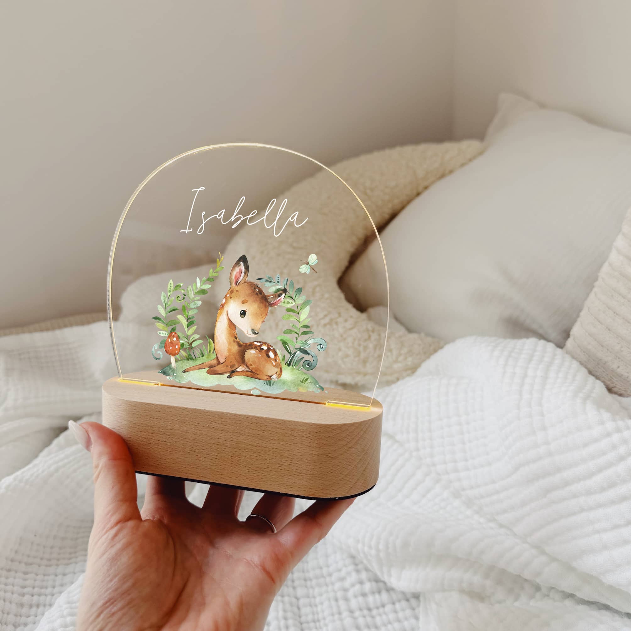 Nachtlicht Kinder personalisiert – LED Lampe bedruckt Waldtiere - lyllevenn