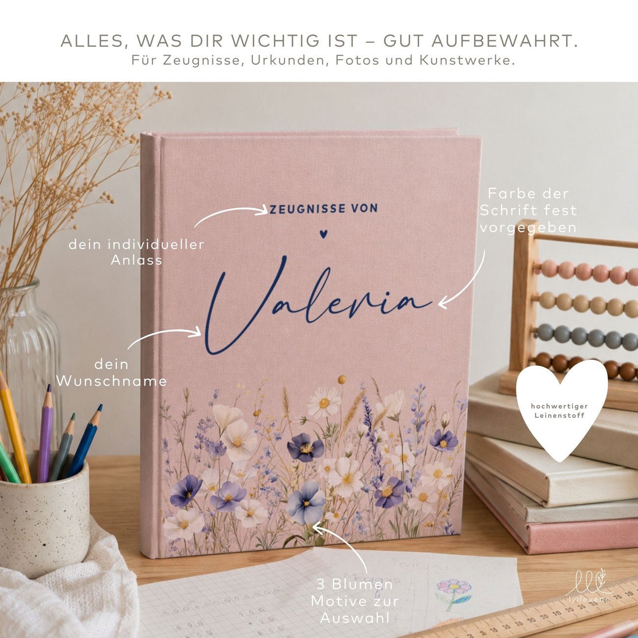 Ordner aus Leinen personalisierbar - mit Blumen - lyllevenn