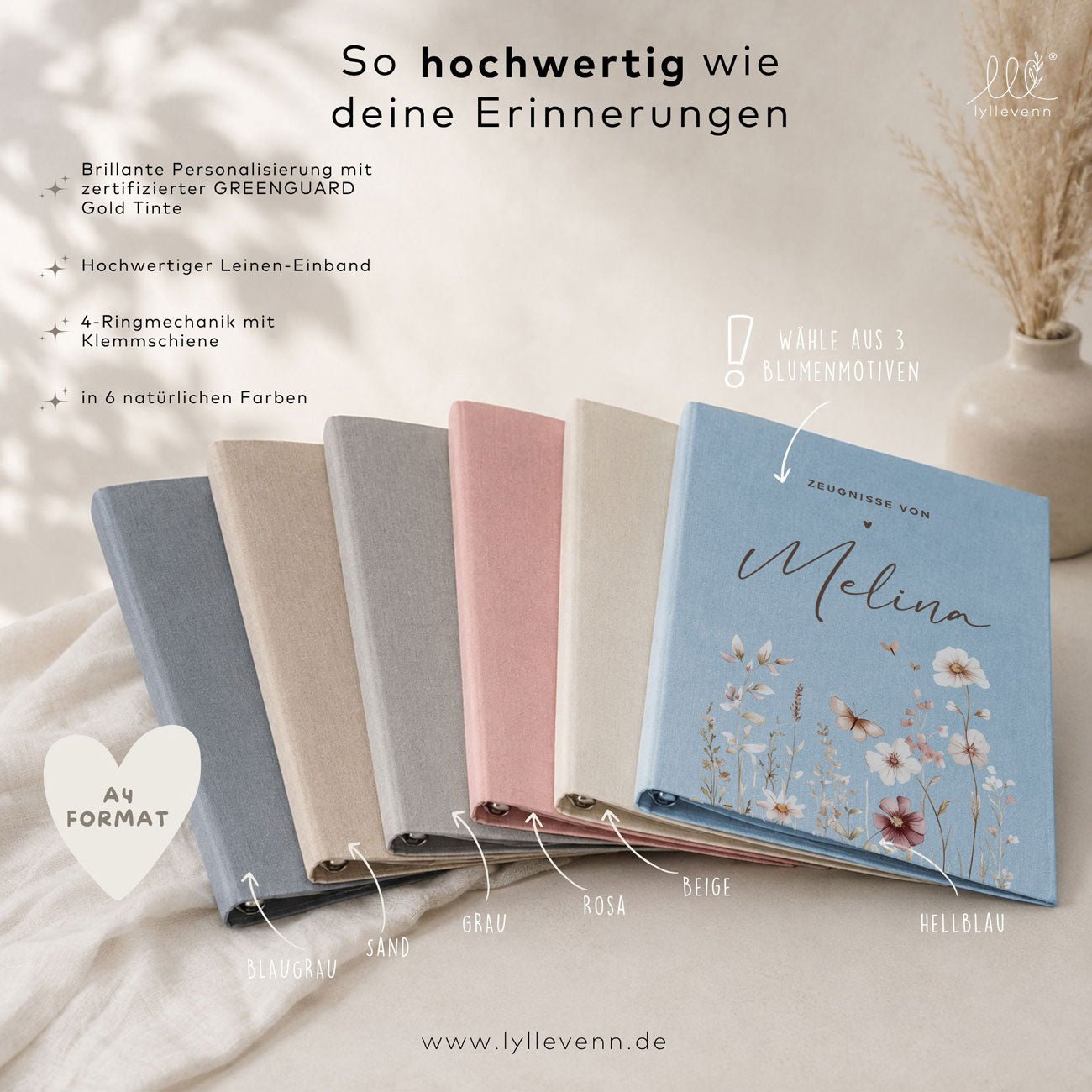 Ordner aus Leinen personalisierbar - mit Blumen - lyllevenn