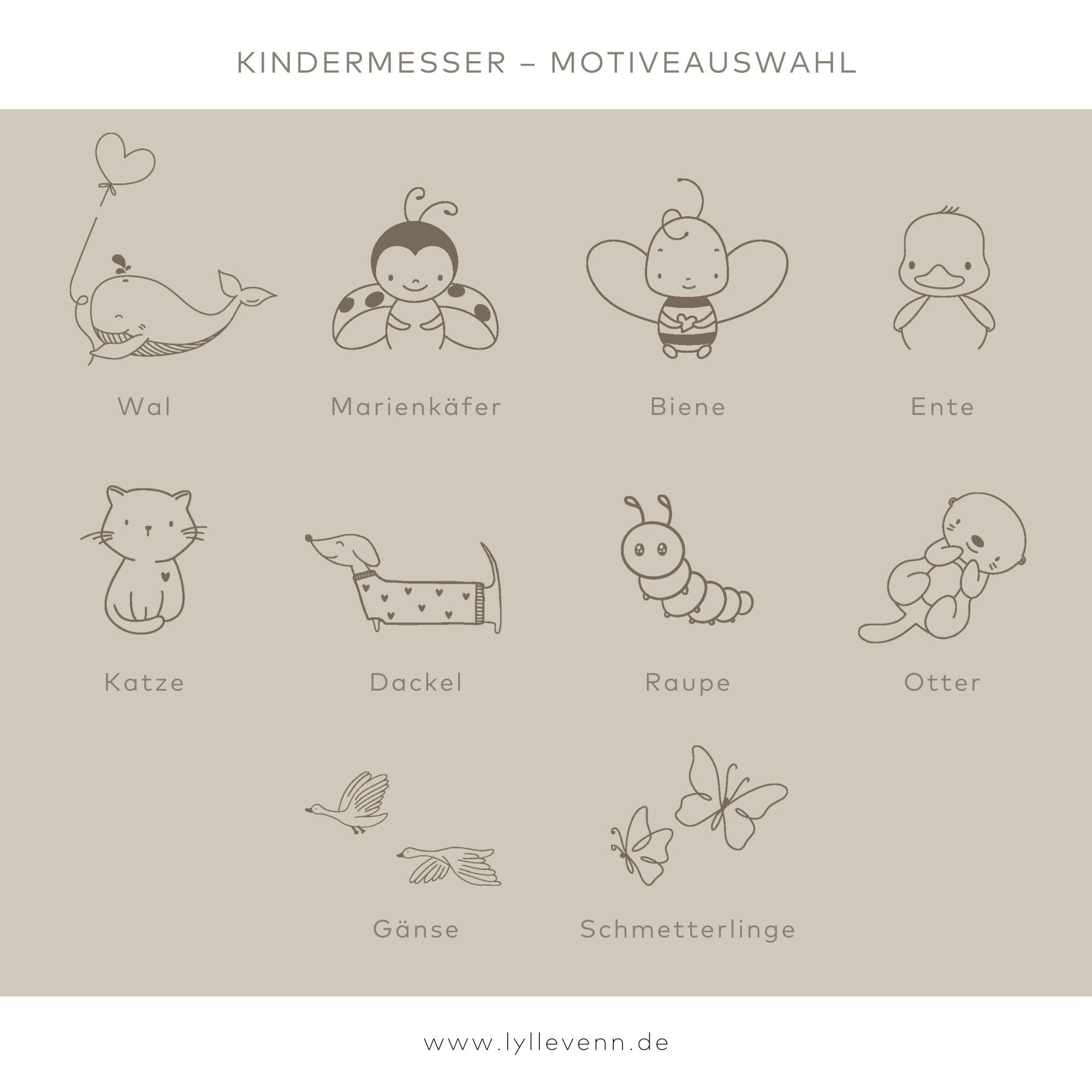 Montessori sicheres Kindermesser Holz „Kleine Gefährten“ – personalisiert