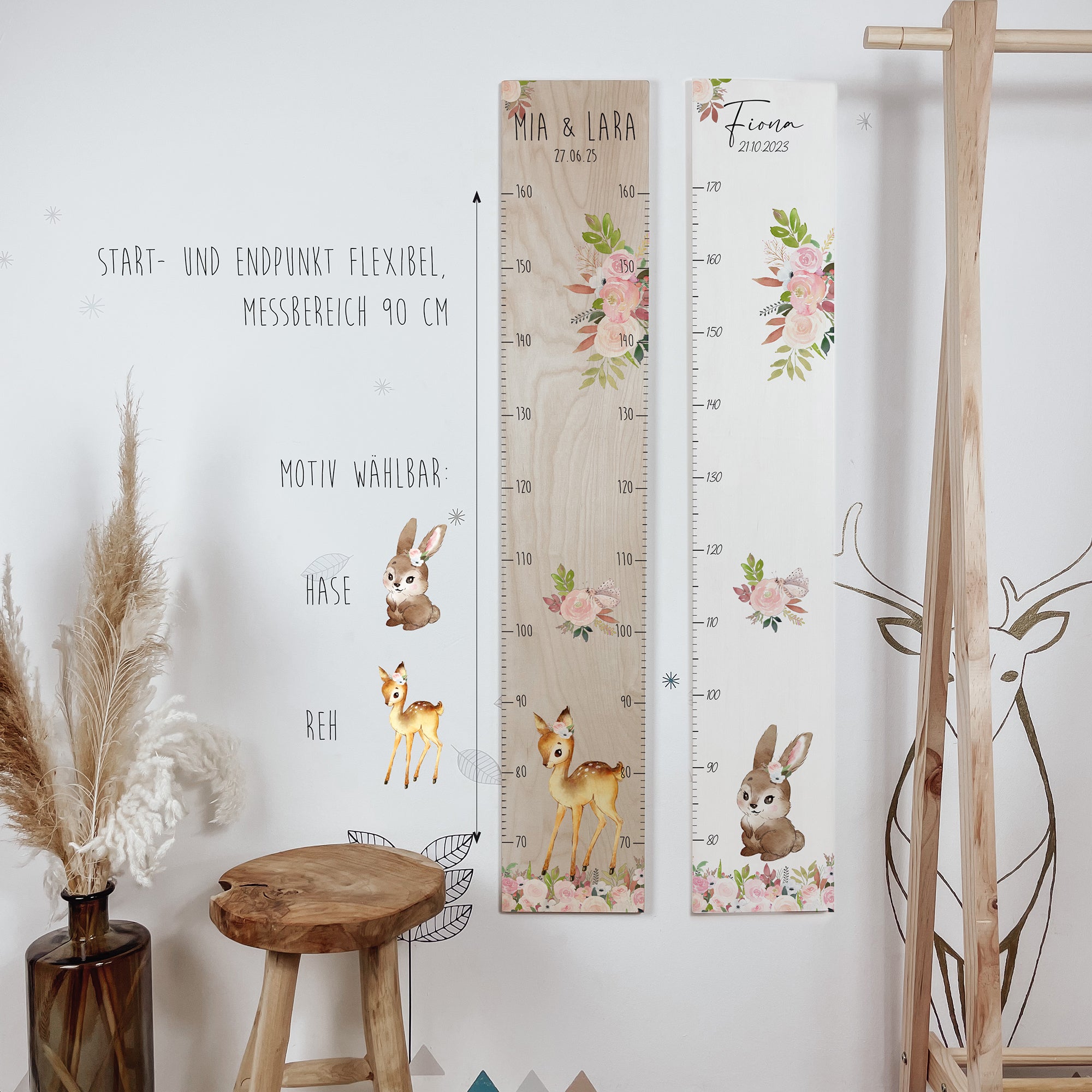 Kindermesslatte Holz "Rosenzauber" – mit Name personalisiert