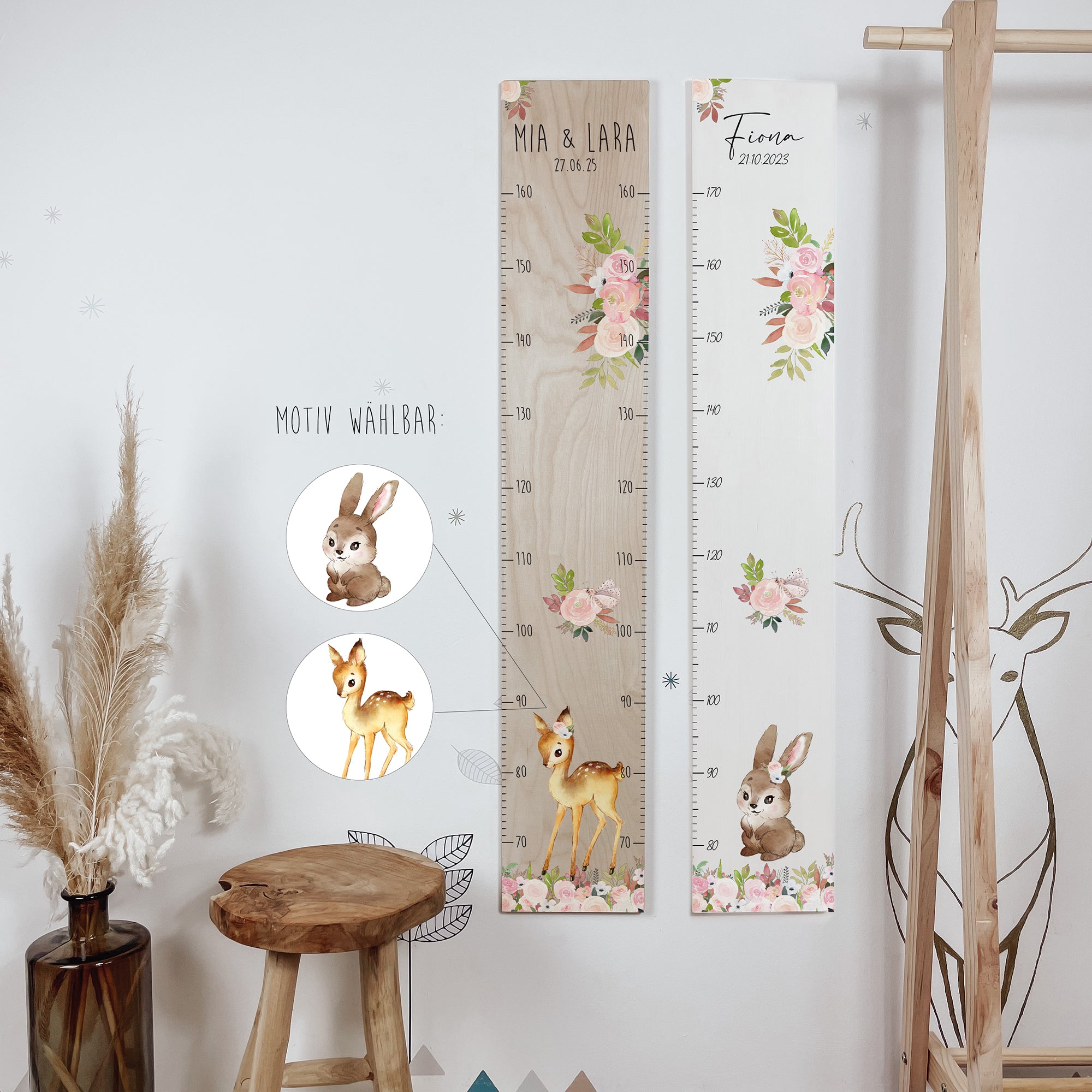 Kindermesslatte Holz "Rosenzauber" – mit Name personalisiert