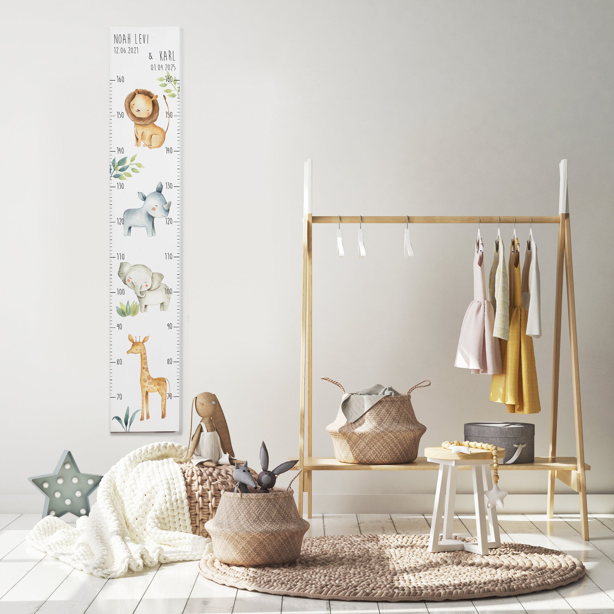 Kindermesslatte Holz „Safari Freunde“ – mit Name personalisiert