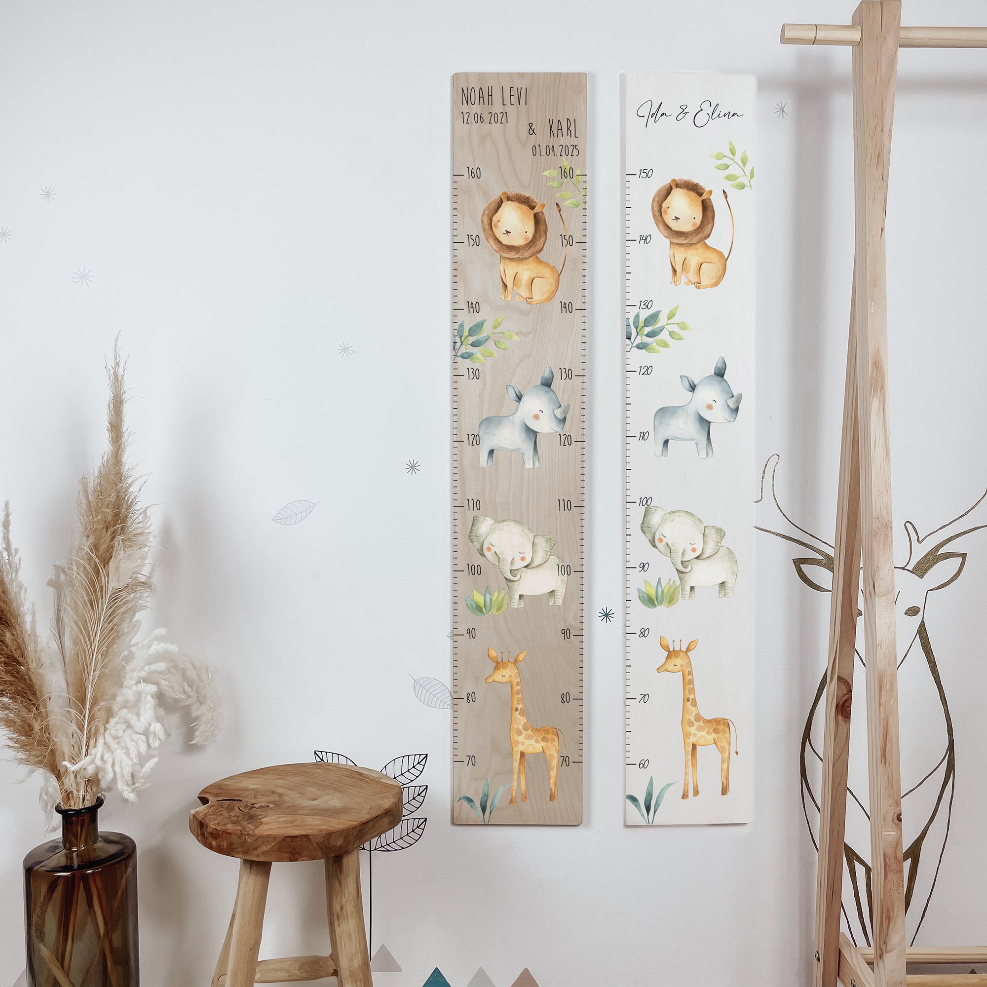 Kindermesslatte Holz „Safari Freunde“ – mit Name personalisiert