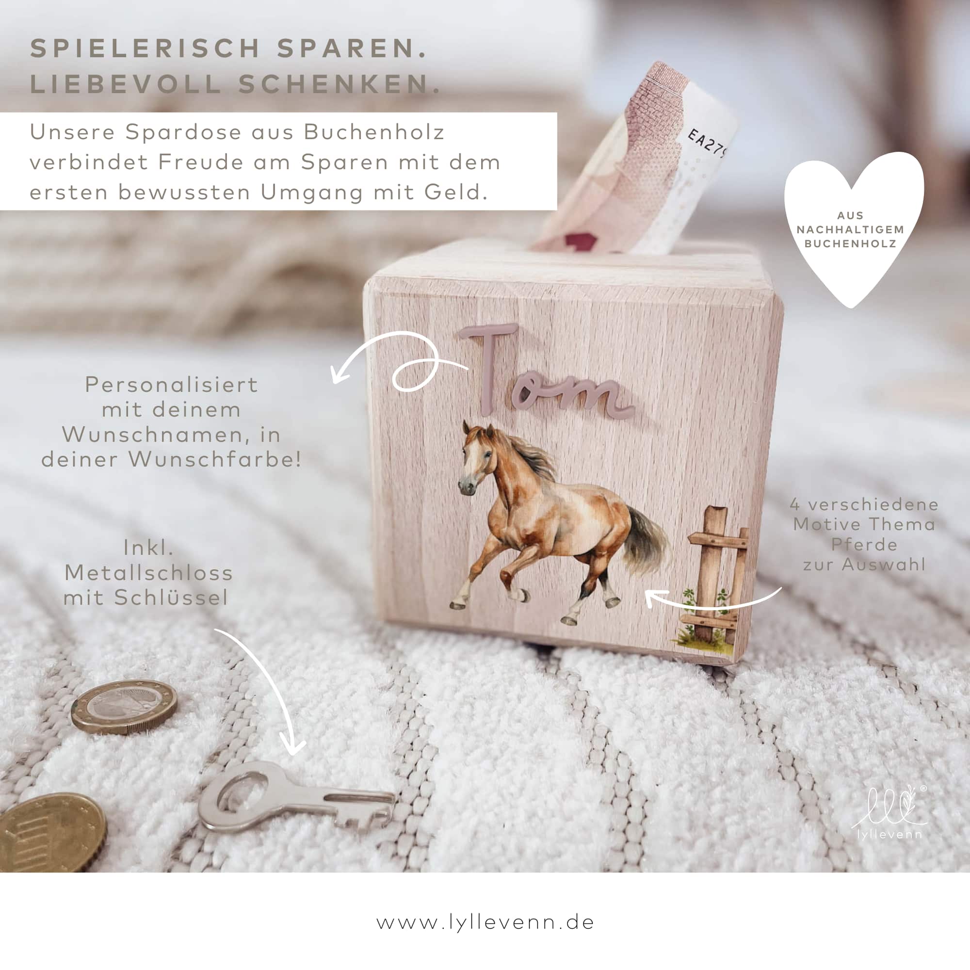 Spardose Holz personalisiert - Pferd - lyllevenn