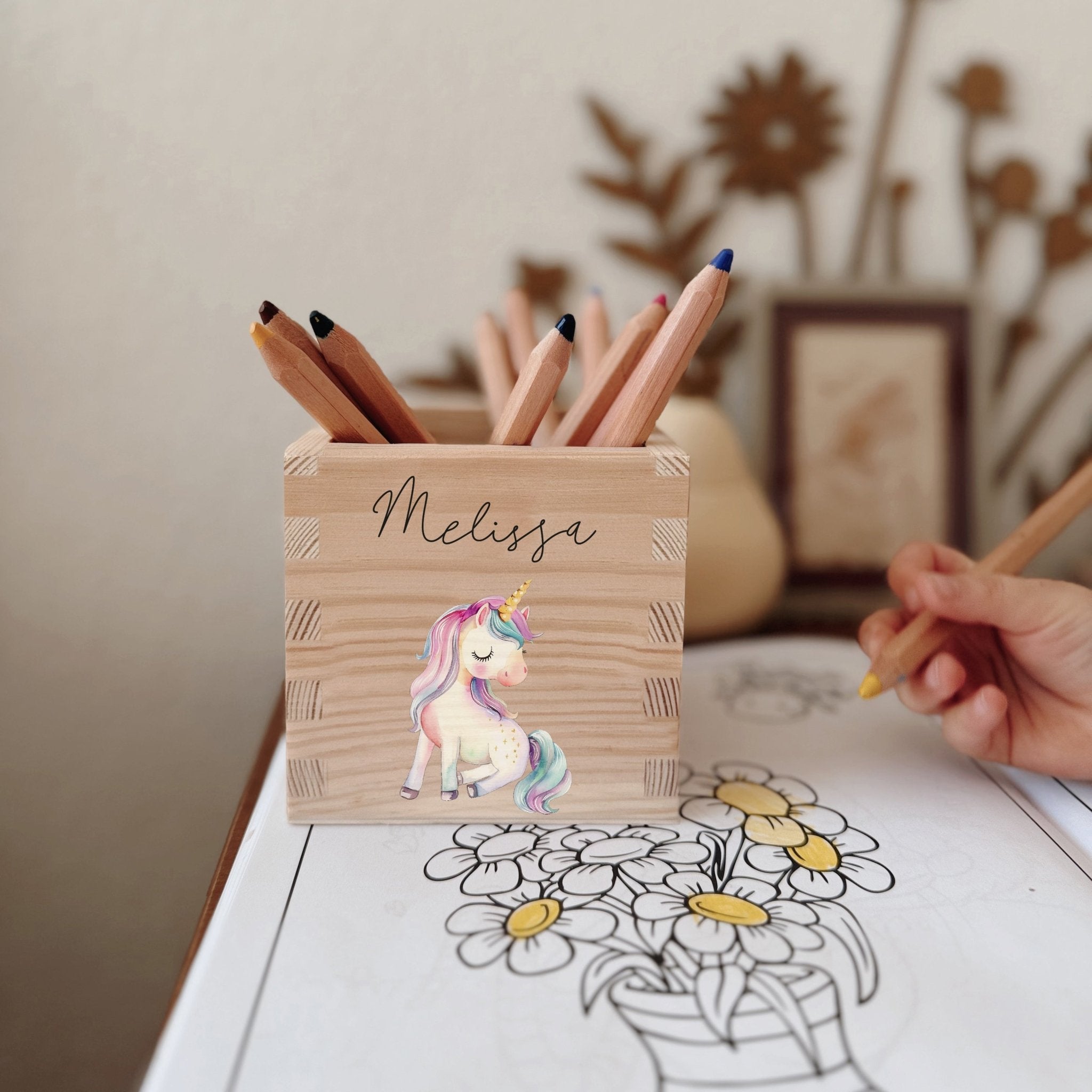 Stiftehalter Holz personalisiert - Bedruckt Einhorn - lyllevenn