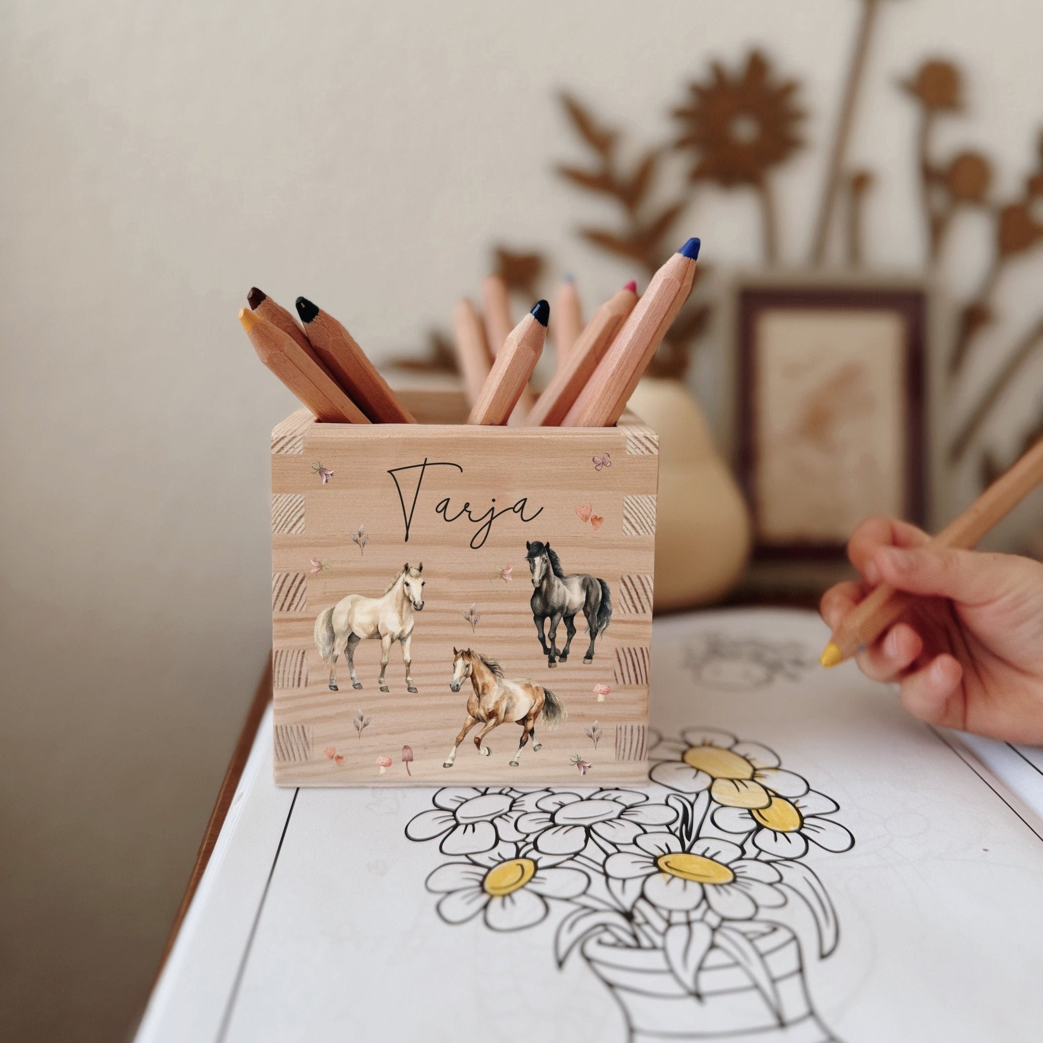Stiftehalter Holz personalisiert - Bedruckt Pferde - lyllevenn