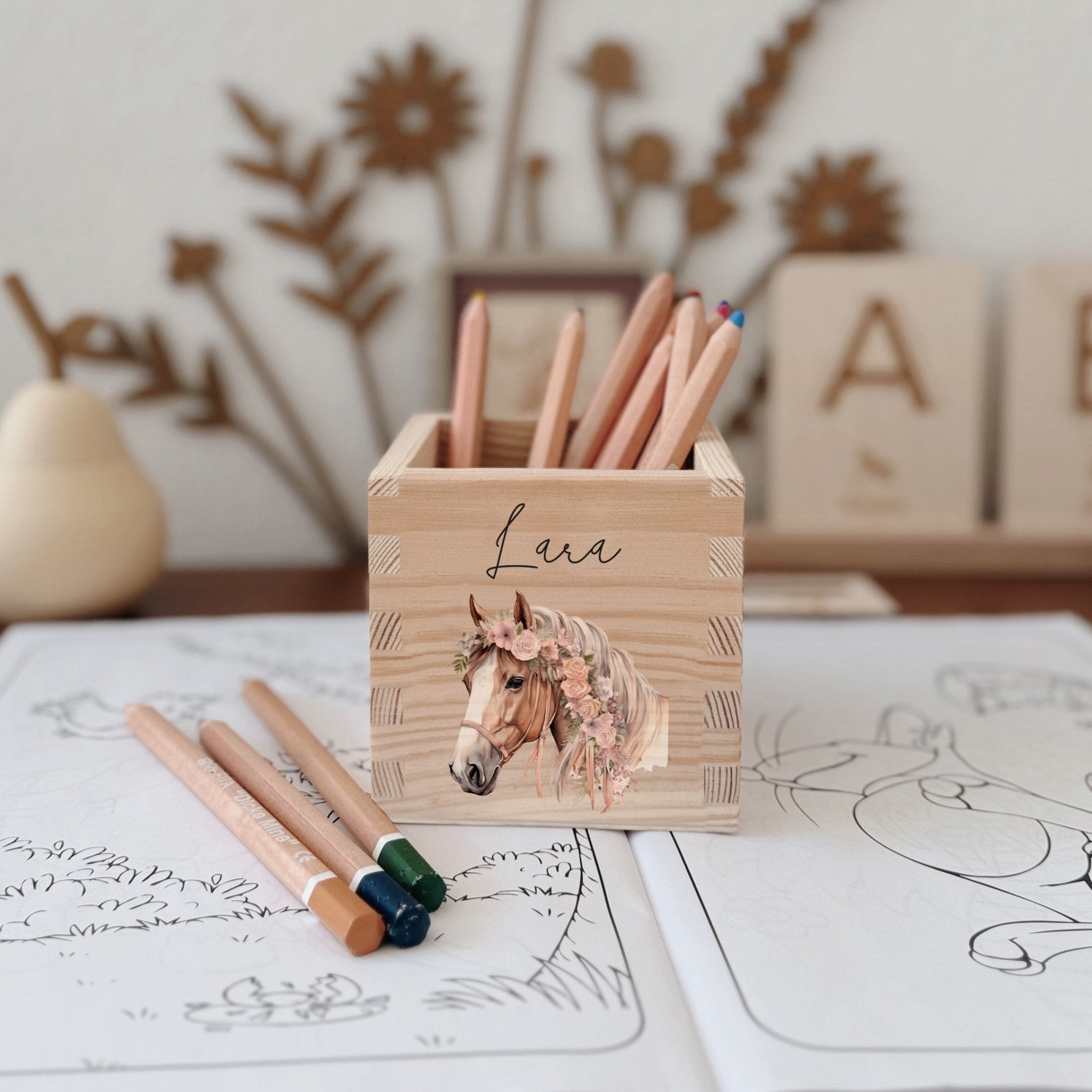 Stiftehalter Holz personalisiert - Bedruckt Pferde - lyllevenn