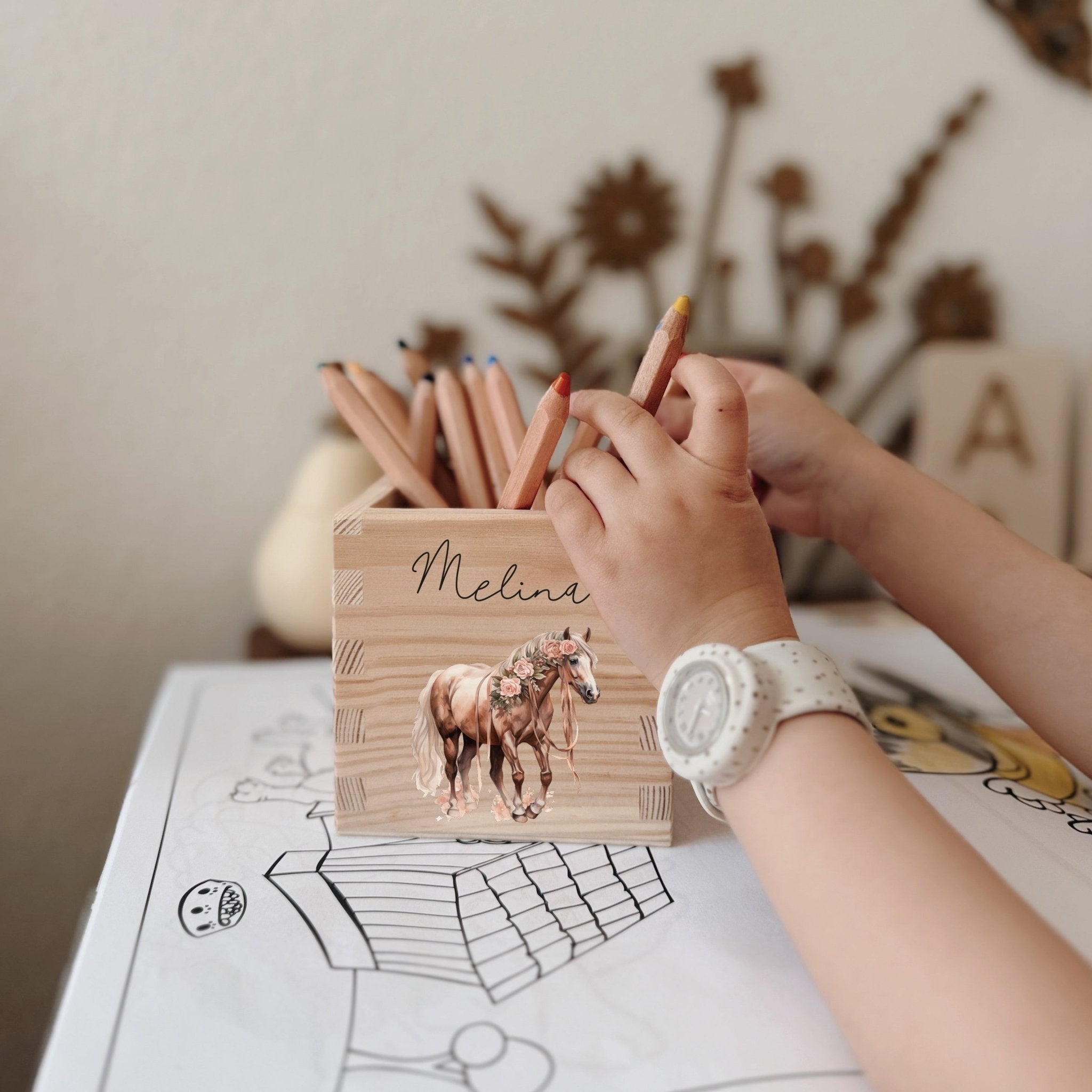 Stiftehalter Holz personalisiert - Bedruckt Pferde - lyllevenn