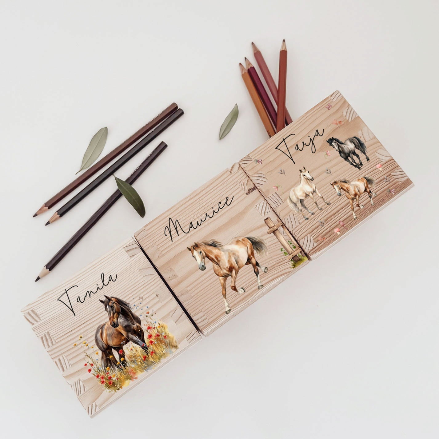 Stiftehalter Holz personalisiert - Bedruckt Pferde - lyllevenn