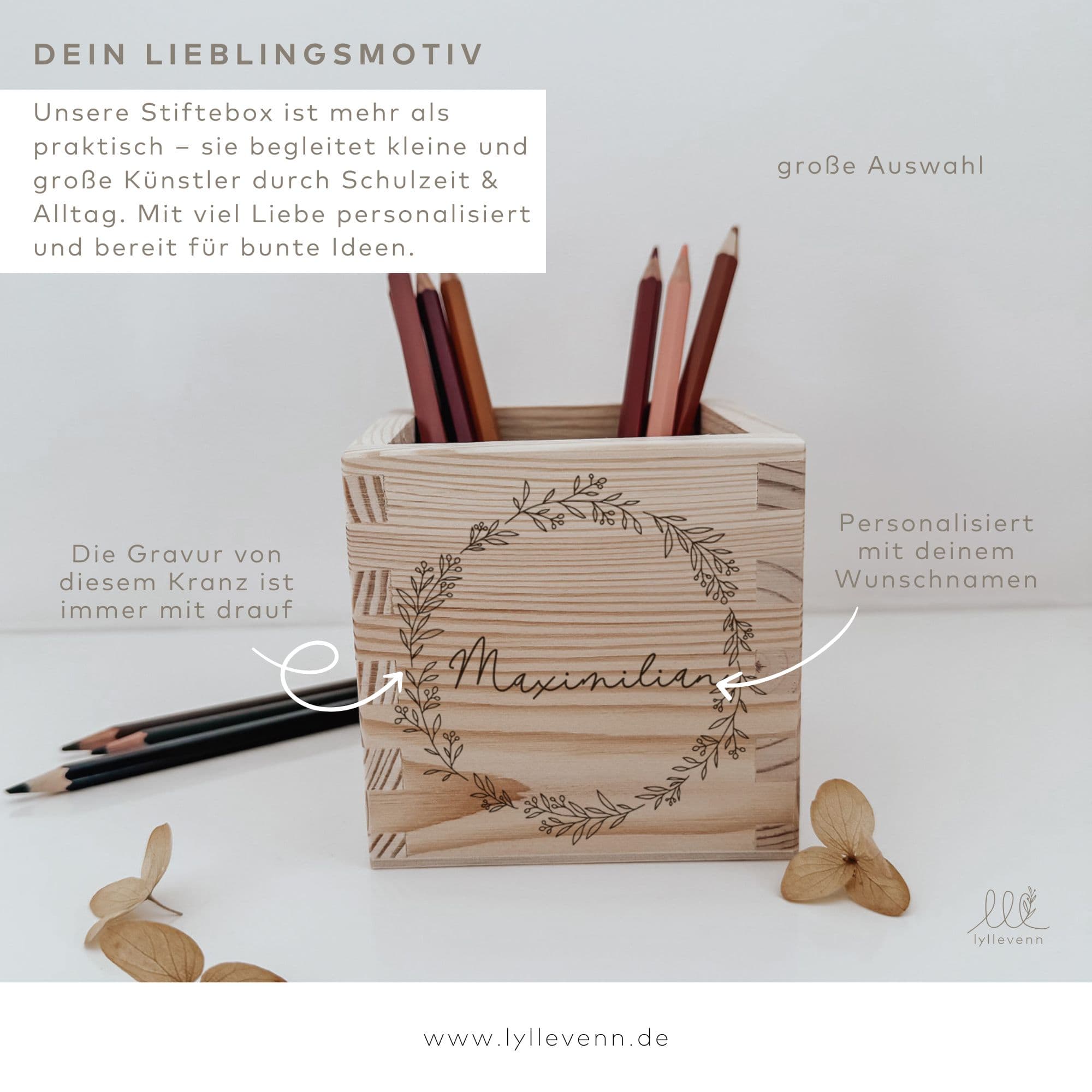 Stiftehalter personalisiert Holz mit Kranz - Gravur oder 3D - Name - lyllevenn