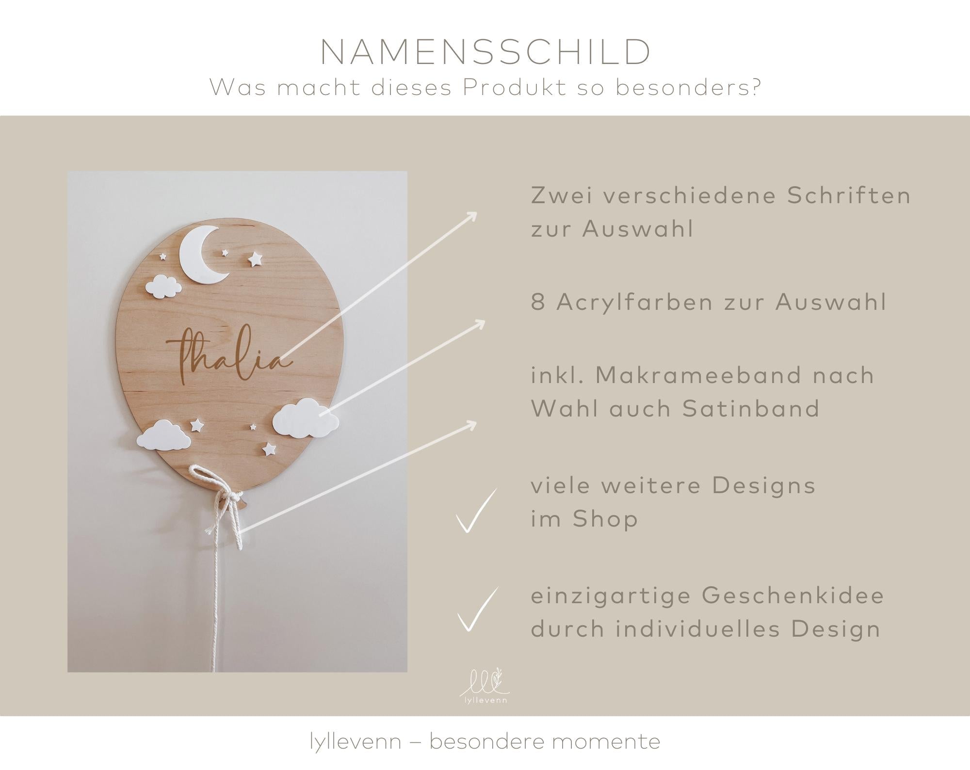 Türschild personalisiert - 3D Mond & Sterne - lyllevenn