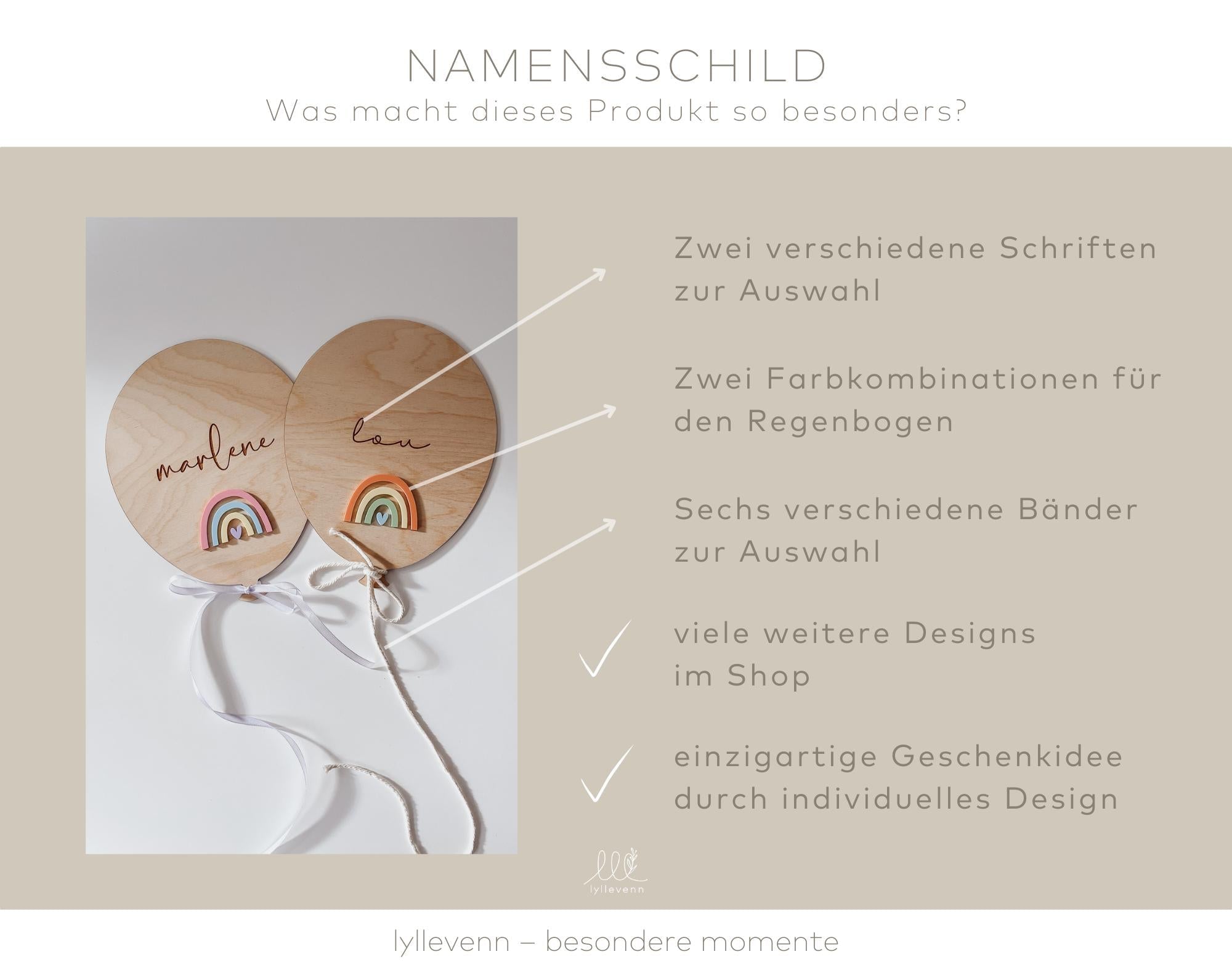 Türschild personalisiert Holz - 3D Name & Regenbogen - lyllevenn