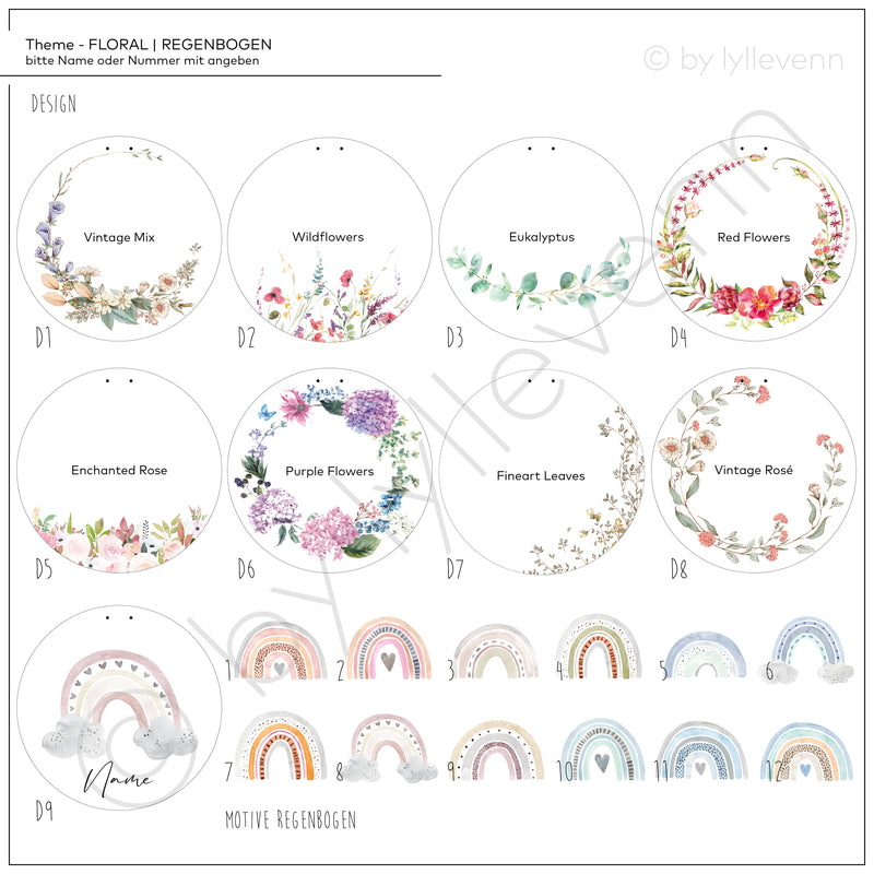 Namensschild | Kinderzimmer | Holzschild | personalisiert - FLORAL | RAINBOW