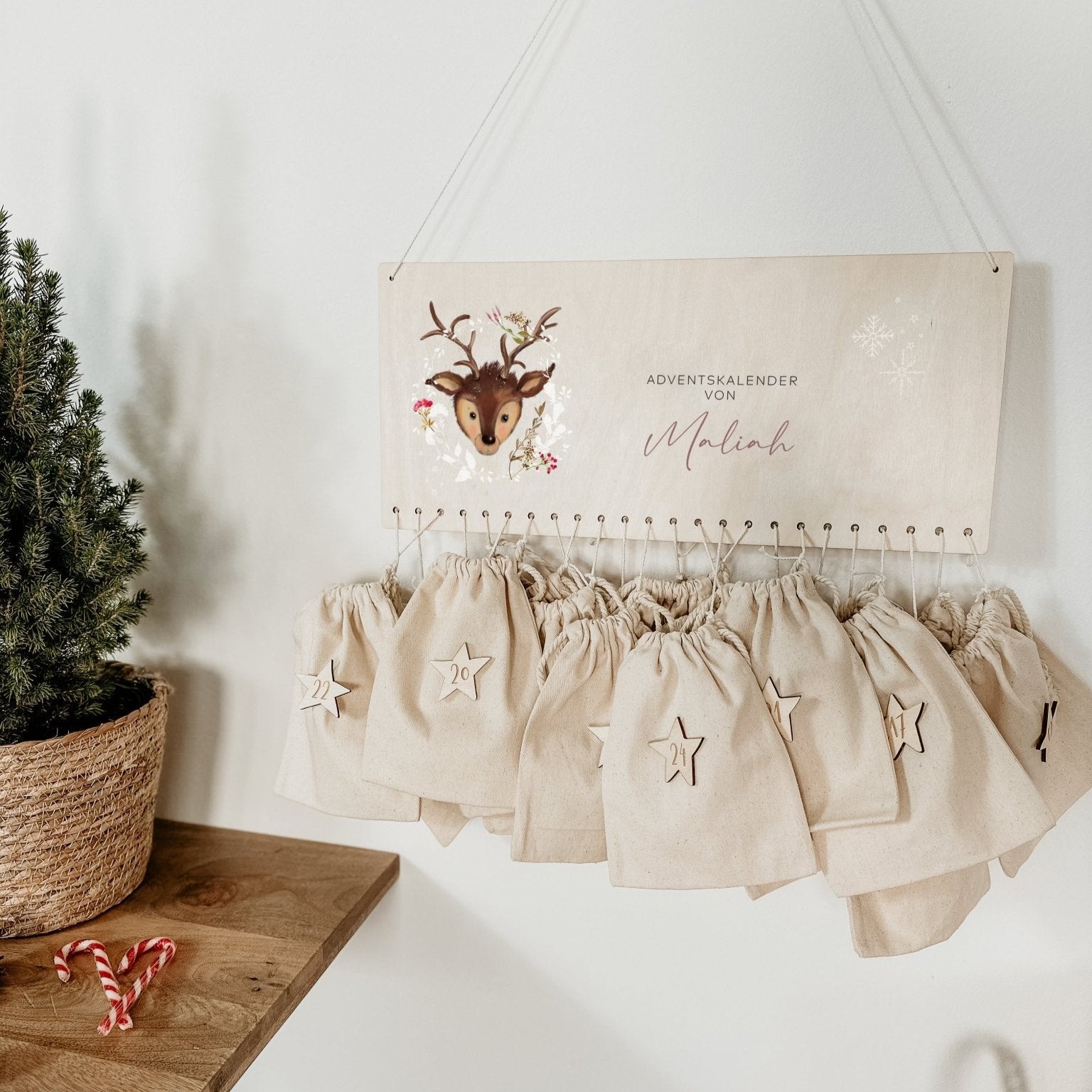 Beleuchteter Adventskalender Personalisiert "Rehkitz" Aquarell, Adventskalender zum Befüllen, Weihnachtsgeschenke Kinder Geschenke für Kind - lyllevenn-store