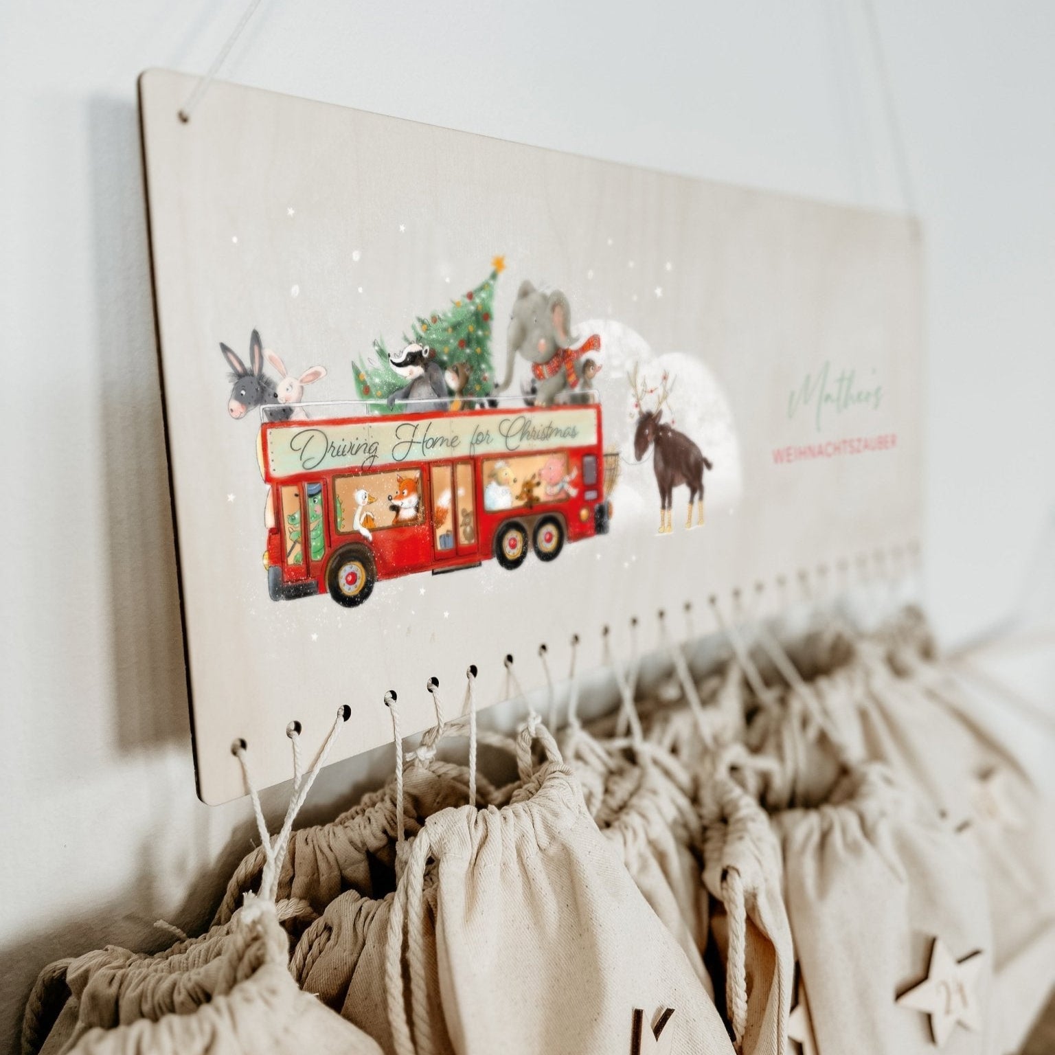 Beleuchteter Adventskalender Personalisiert "Weihnachtbus" Aquarell, Adventskalender zum Befüllen, Weihnachtsgeschenke Kinder Geschenke für Kind - lyllevenn-store