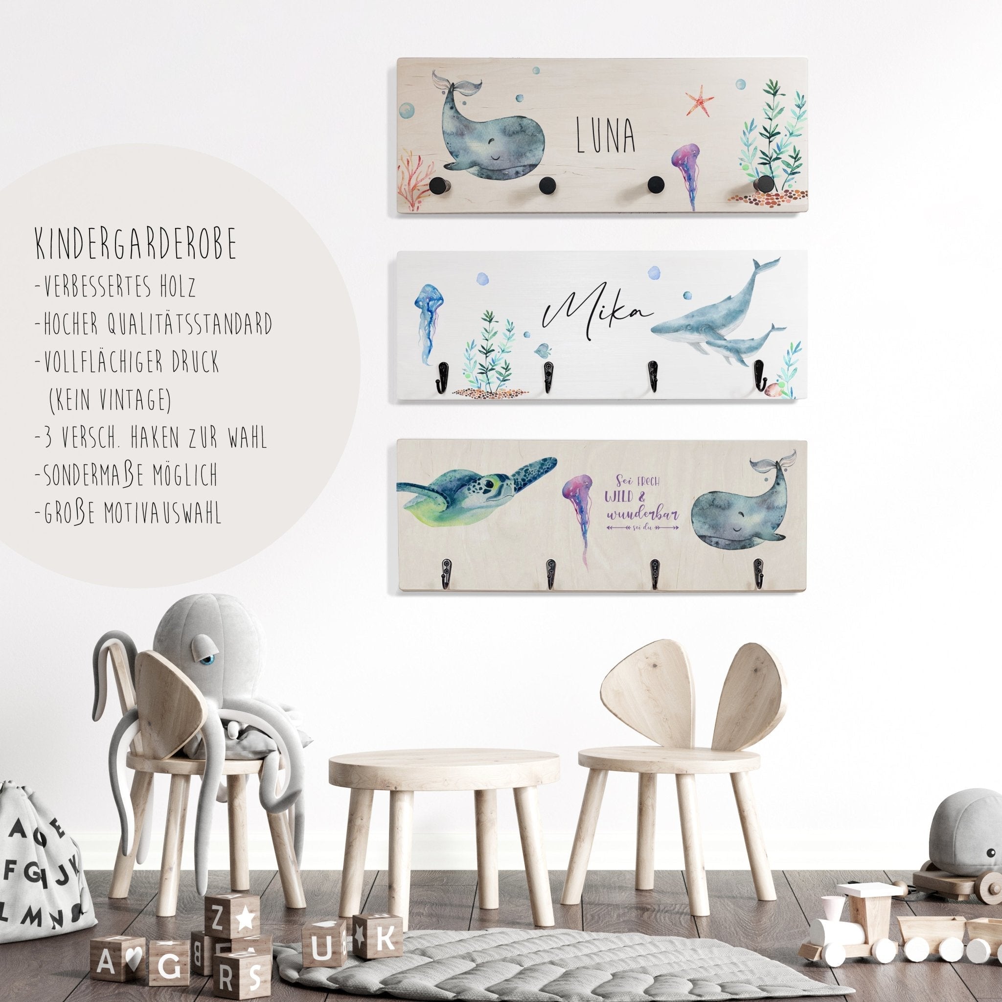 Kindergarderobe Holz personalisiert - Unterwasserwelt - lyllevenn