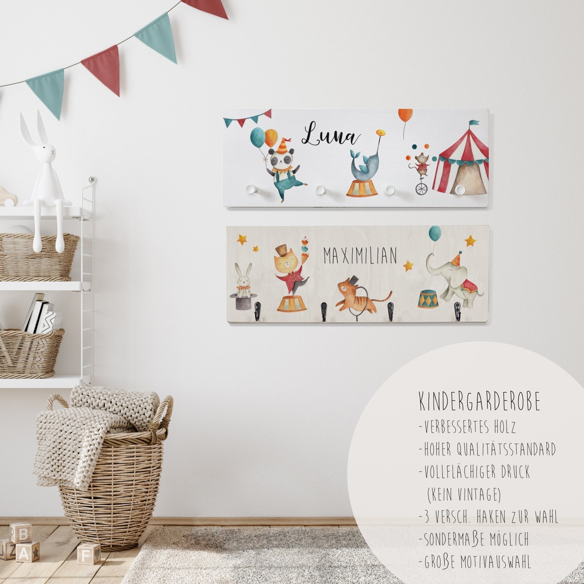 Kindergarderobe Holz personalisiert -  Zirkuswelt - lyllevenn