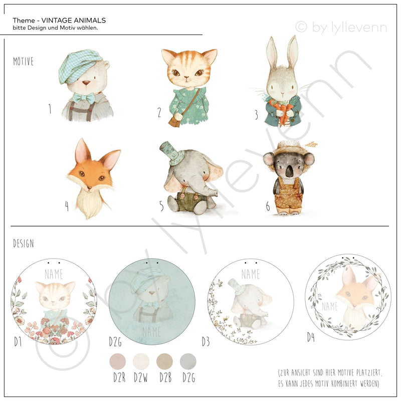 Namensschild | Kinderzimmer | Holzschild | personalisiert - VINTAGE ANIMALS - lyllevenn-store