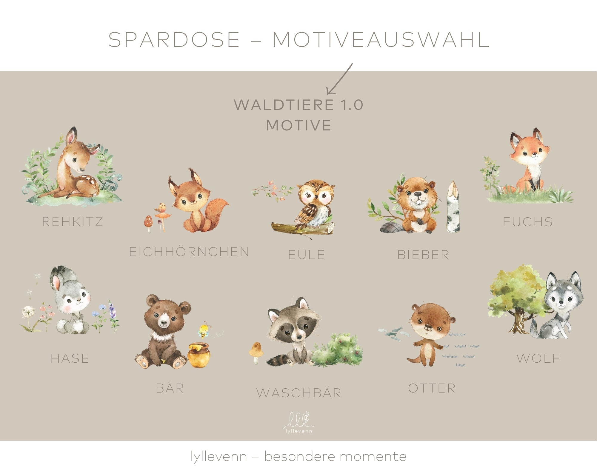 Spardose Holz Personalisiert - Waldtiere - lyllevenn